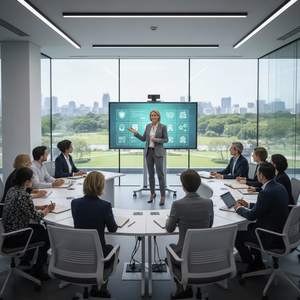 A professional instructor, mid-40s, standing confidently in front of a digital whiteboard displaying certification icons, addressing a group of attentive adult learners in a bright, modern classroom. The setting is high-tech, with glass walls and collaborative seating.