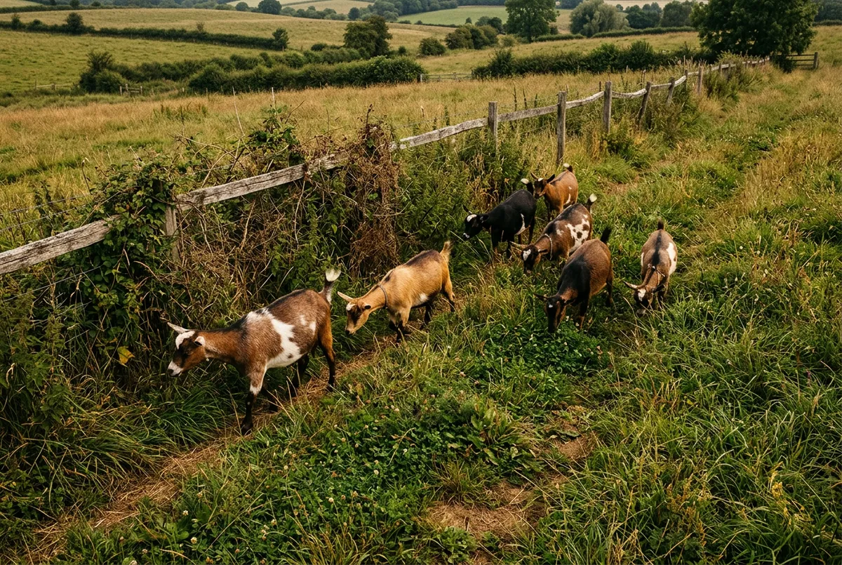 Nigerian Dwarf goats grazing cleanly along brushy acreage fence lines