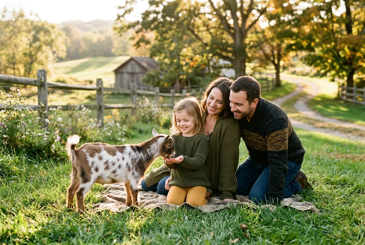 Family gently interacting with friendly Nigerian Dwarf baby goats outdoors