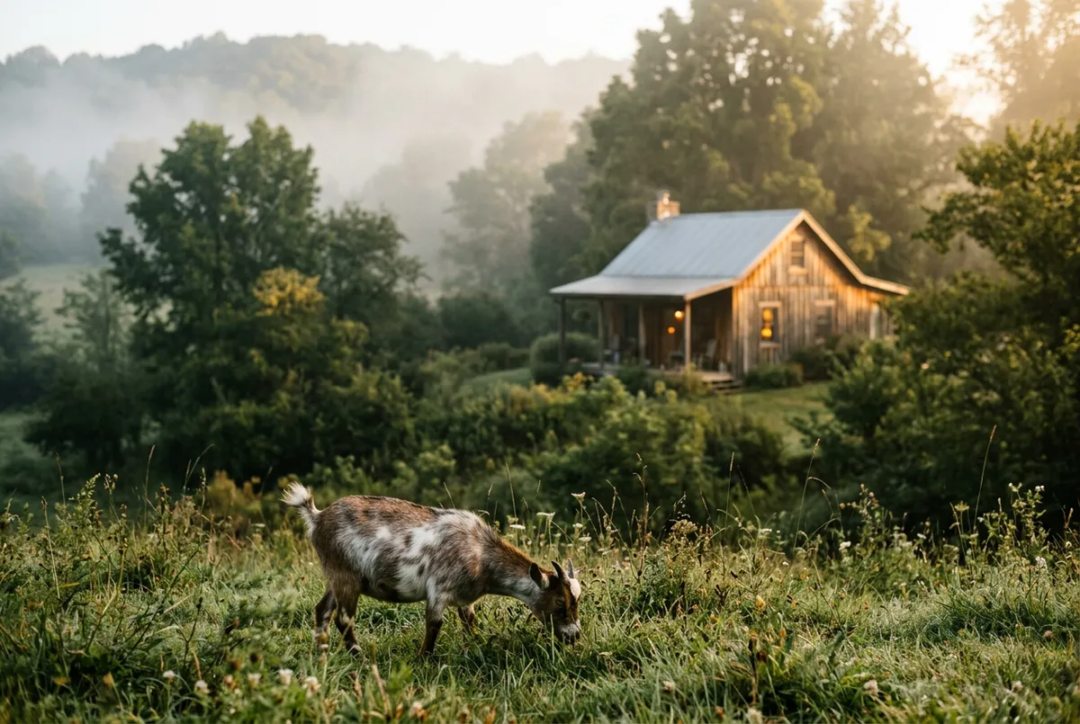 Farm stay guests enjoying a pastoral morning with affectionate Nigerian Dwarf goats
