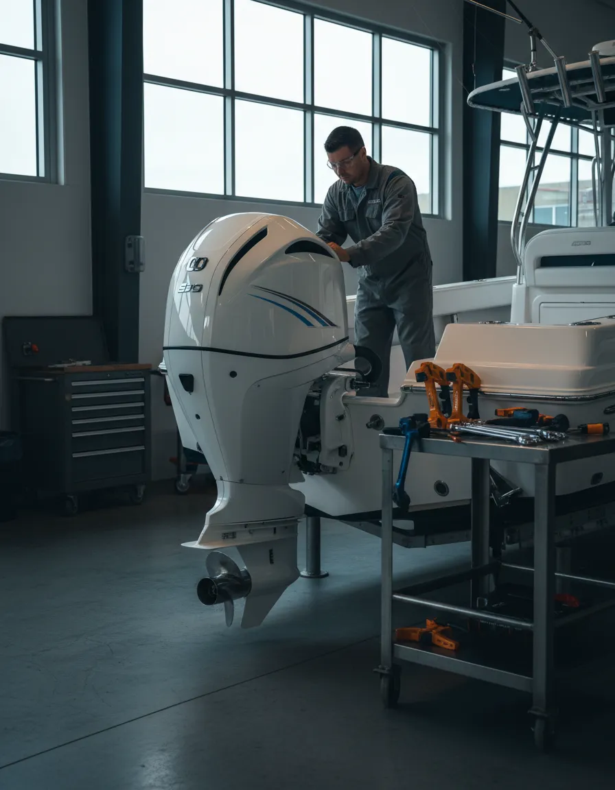 Marine technician performing professional outboard engine installation
