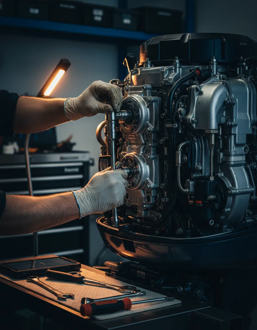 Marine mechanic performing 100-hour maintenance on outboard engine