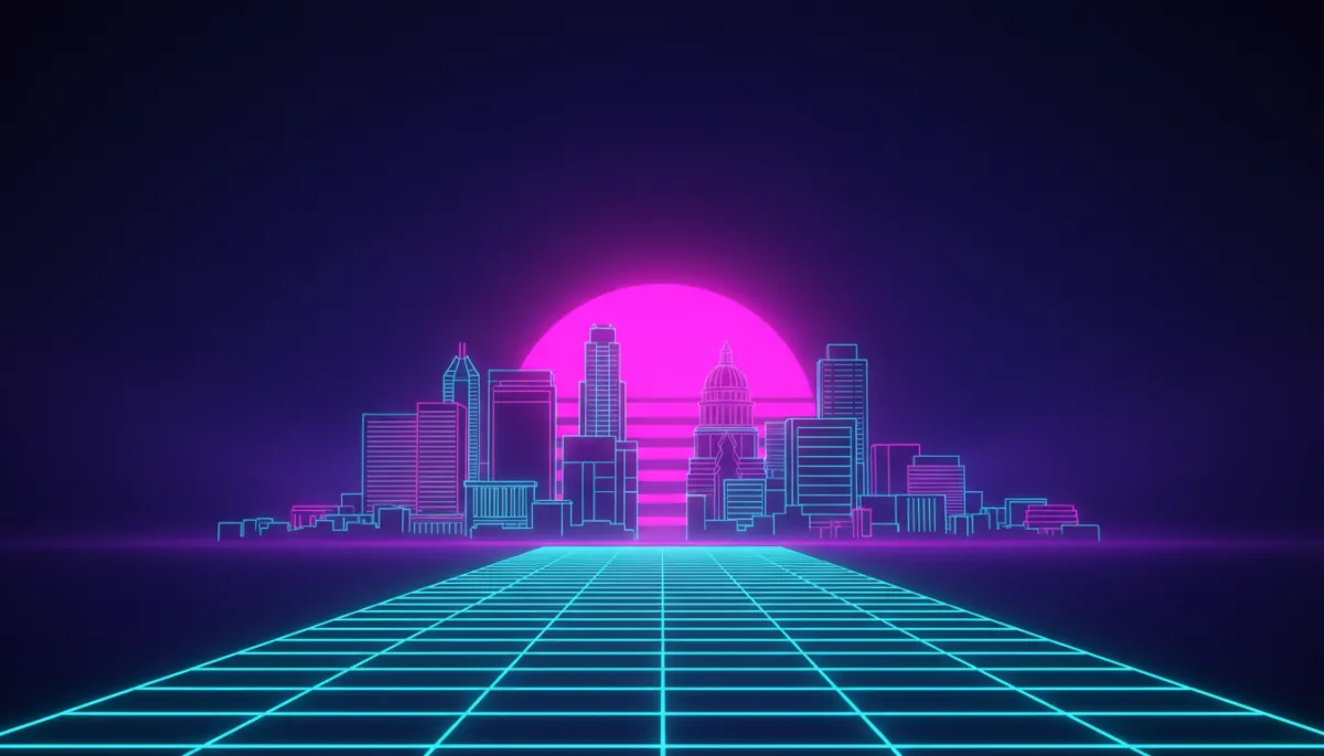 80s retro synthwave sunset graphic with neon glowing grid