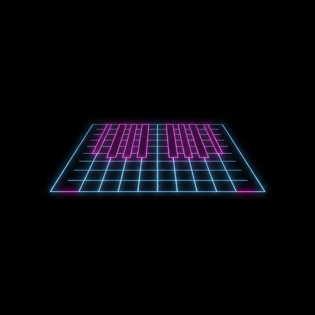 Minimalist album cover with a glowing synth grid and magenta accents