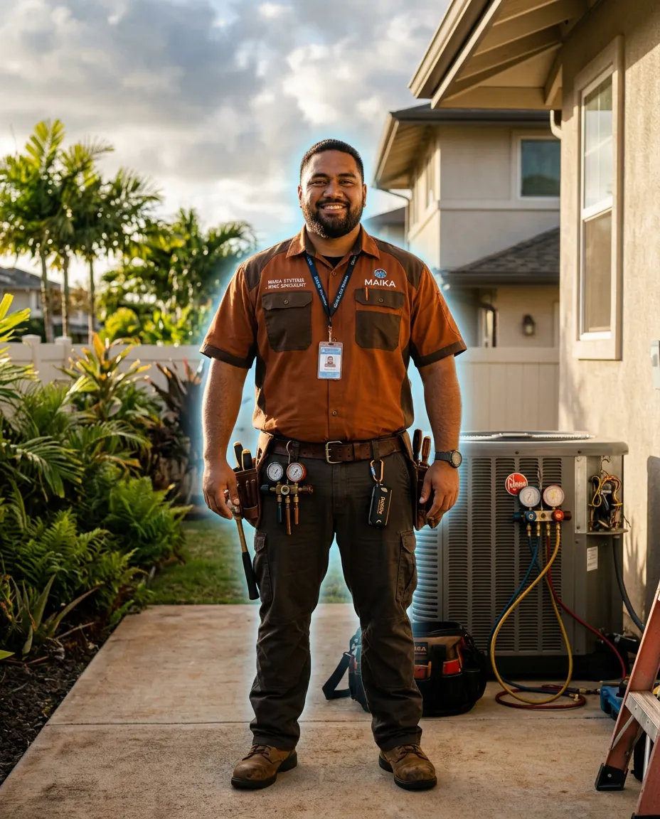 Local Hawaiian trade technician and HVAC specialist on site with sun-kissed natural lighting