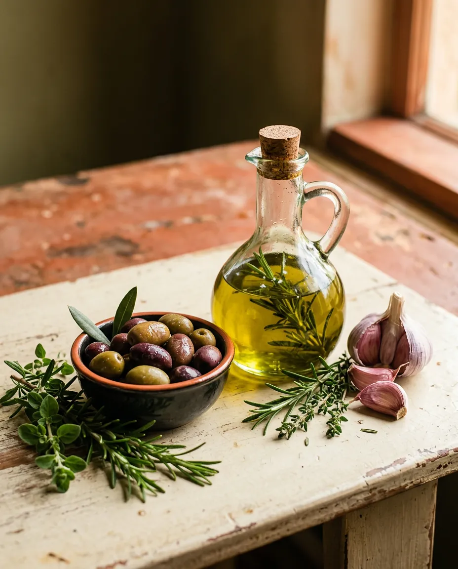 Editorial still life of sun-ripened Mediterranean olives, fresh herbs, and stone-ground spices bathed in warm natural light