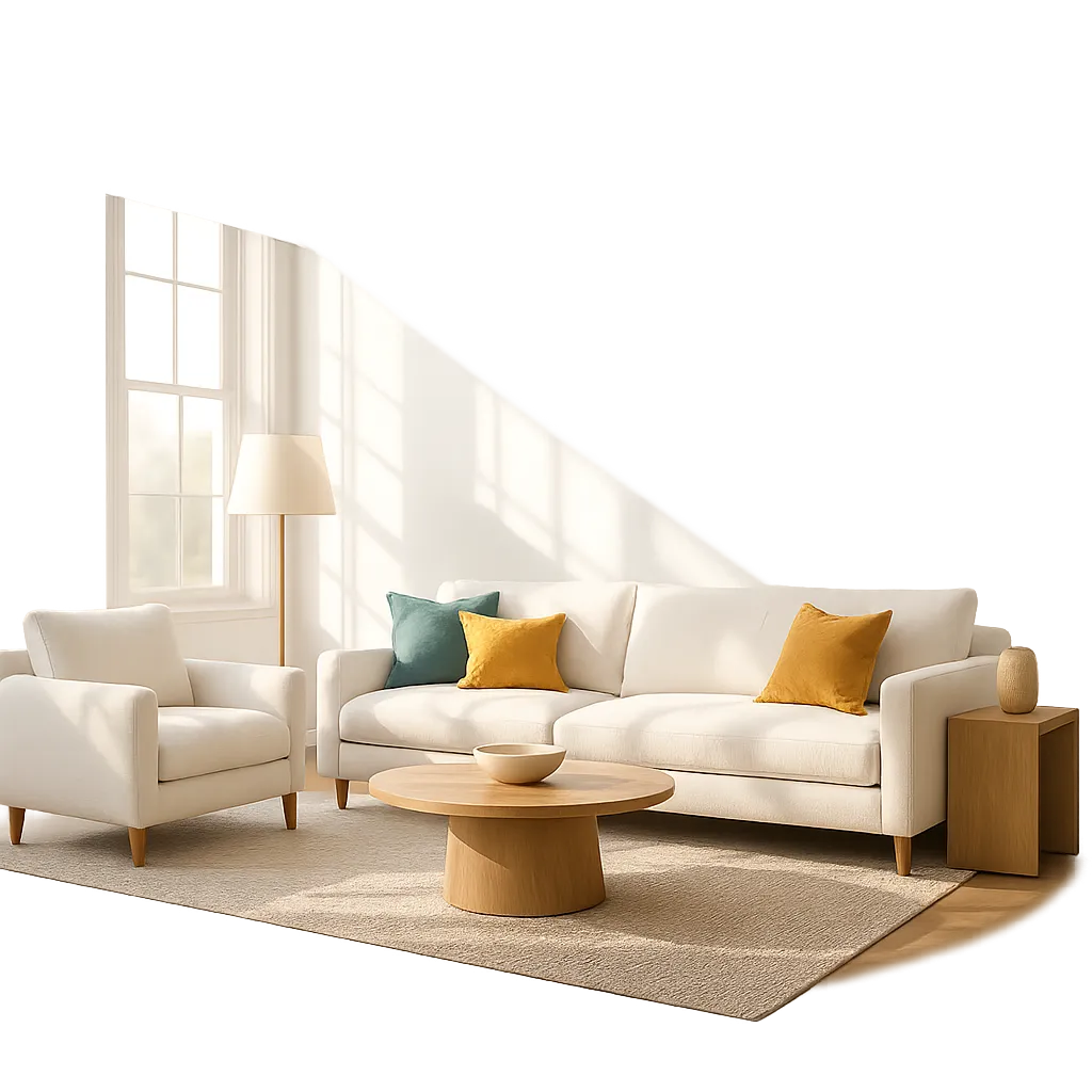 Bright sunlit clean modern living room showcasing the spotless results of professional cleaning