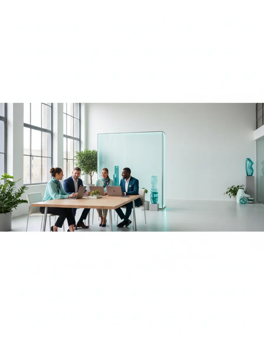 Luxury marketing agency team in a luminous architectural space
