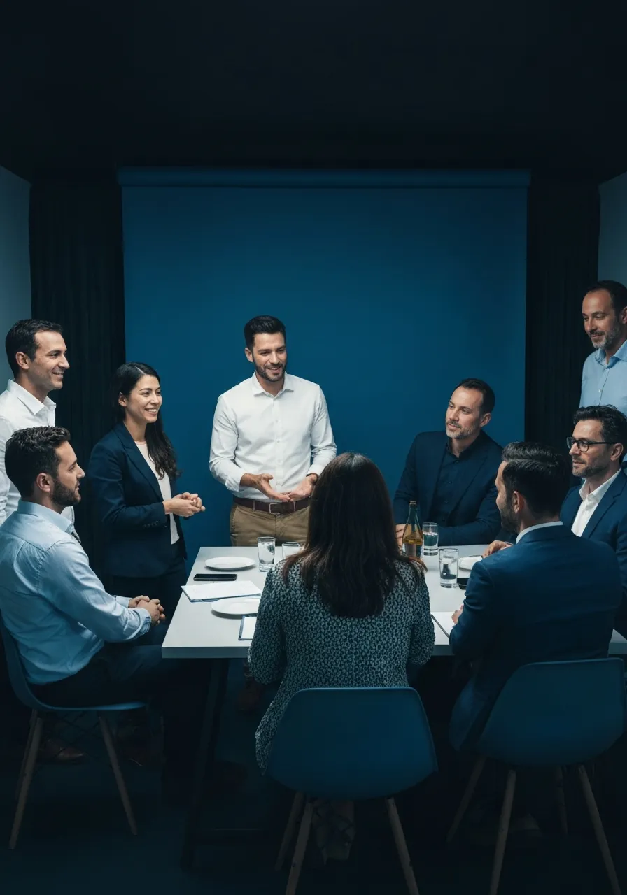 Adultos diversos conversando y compartiendo en un ambiente cálido y profesional
