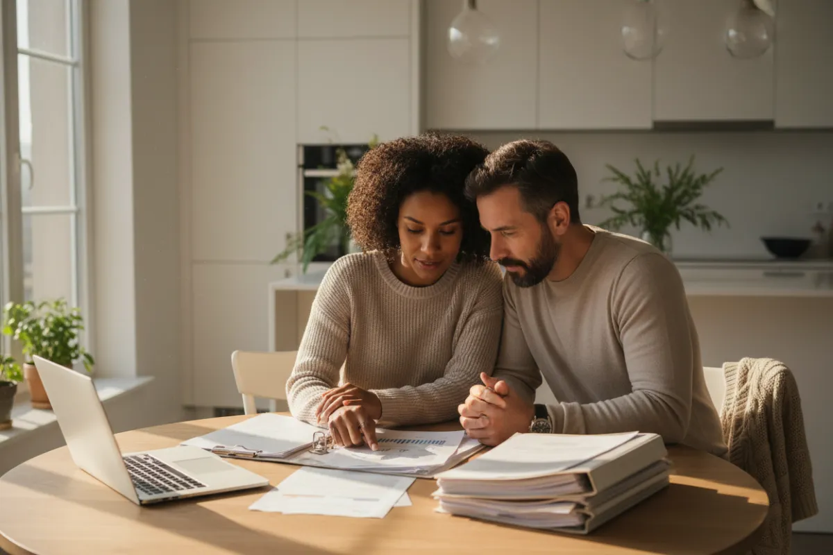 A diverse couple reviewing documents together at a kitchen table, sunlight streaming through a window, both appearing thoughtful and hopeful, modern home setting, 3:2 aspect ratio