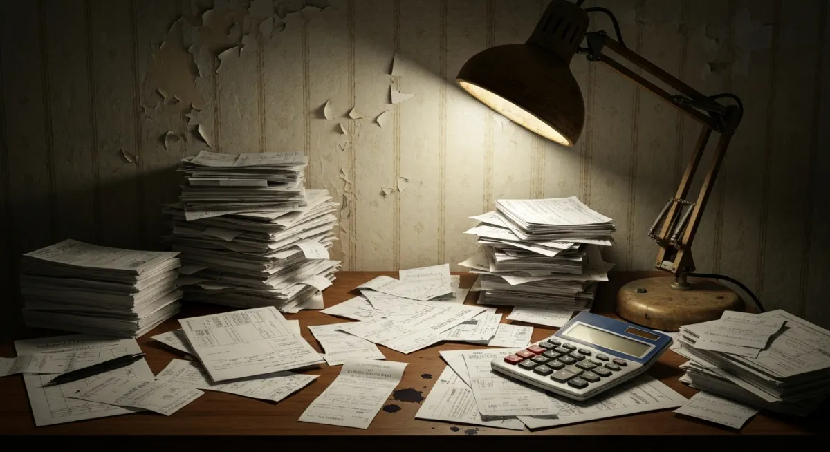 Disorganized messy desk with receipts
