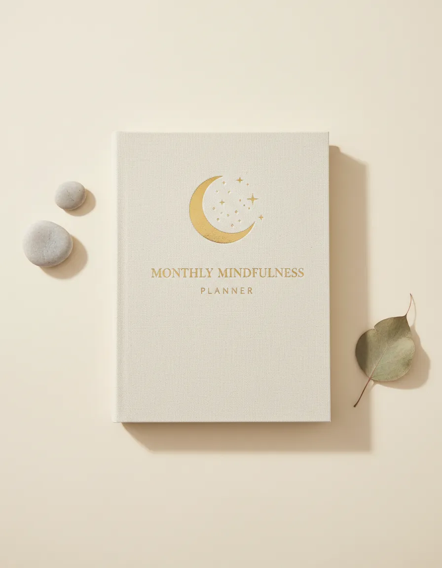 Monthly Mindfulness Planner in cream with moon and stars gold foil