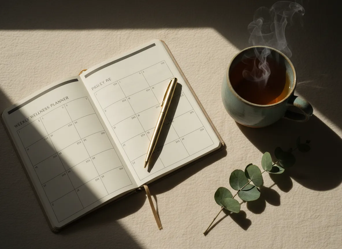 Weekly Wellness Planner flat lay with tea