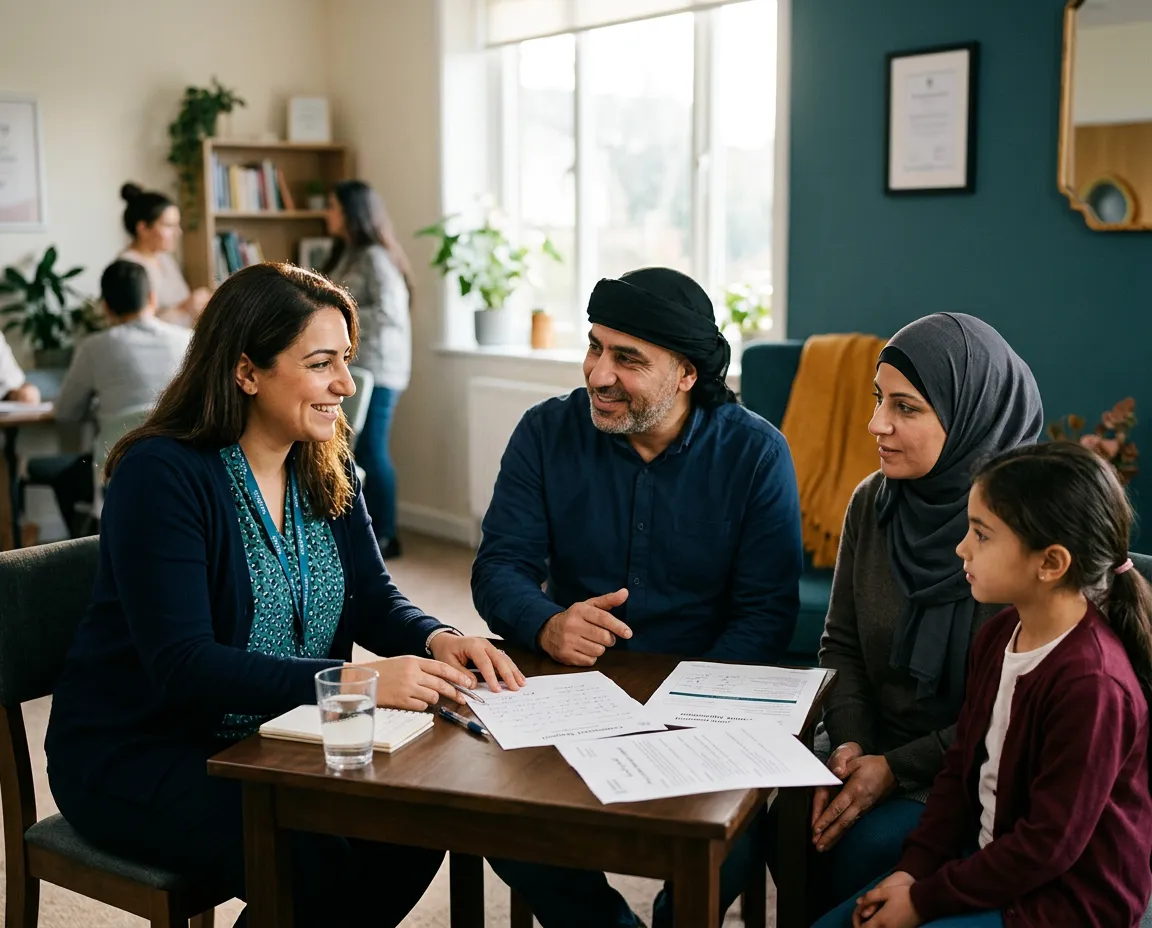Community members and family receiving warm, supportive assistance in a bright neighborhood office