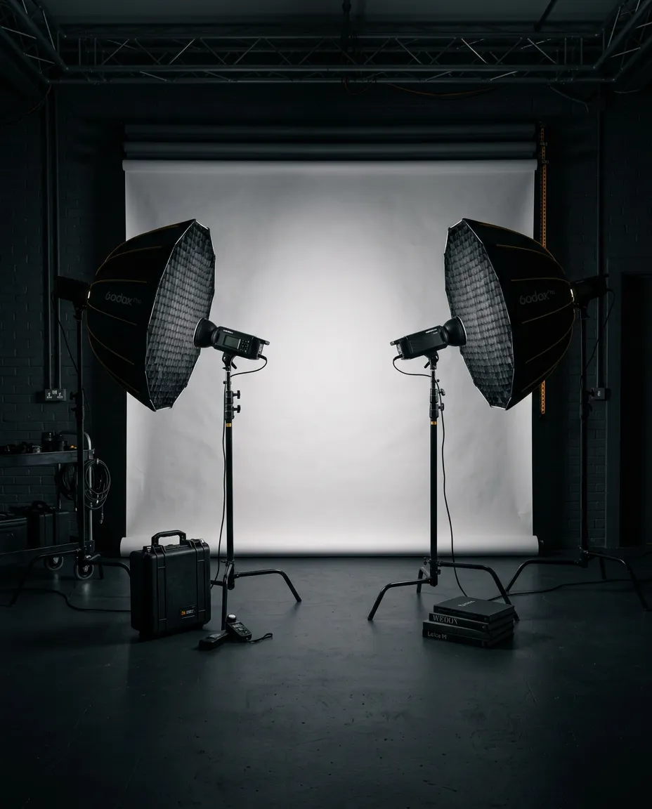 Dedicated strobe photography studio setup with overhead grid and C-stands