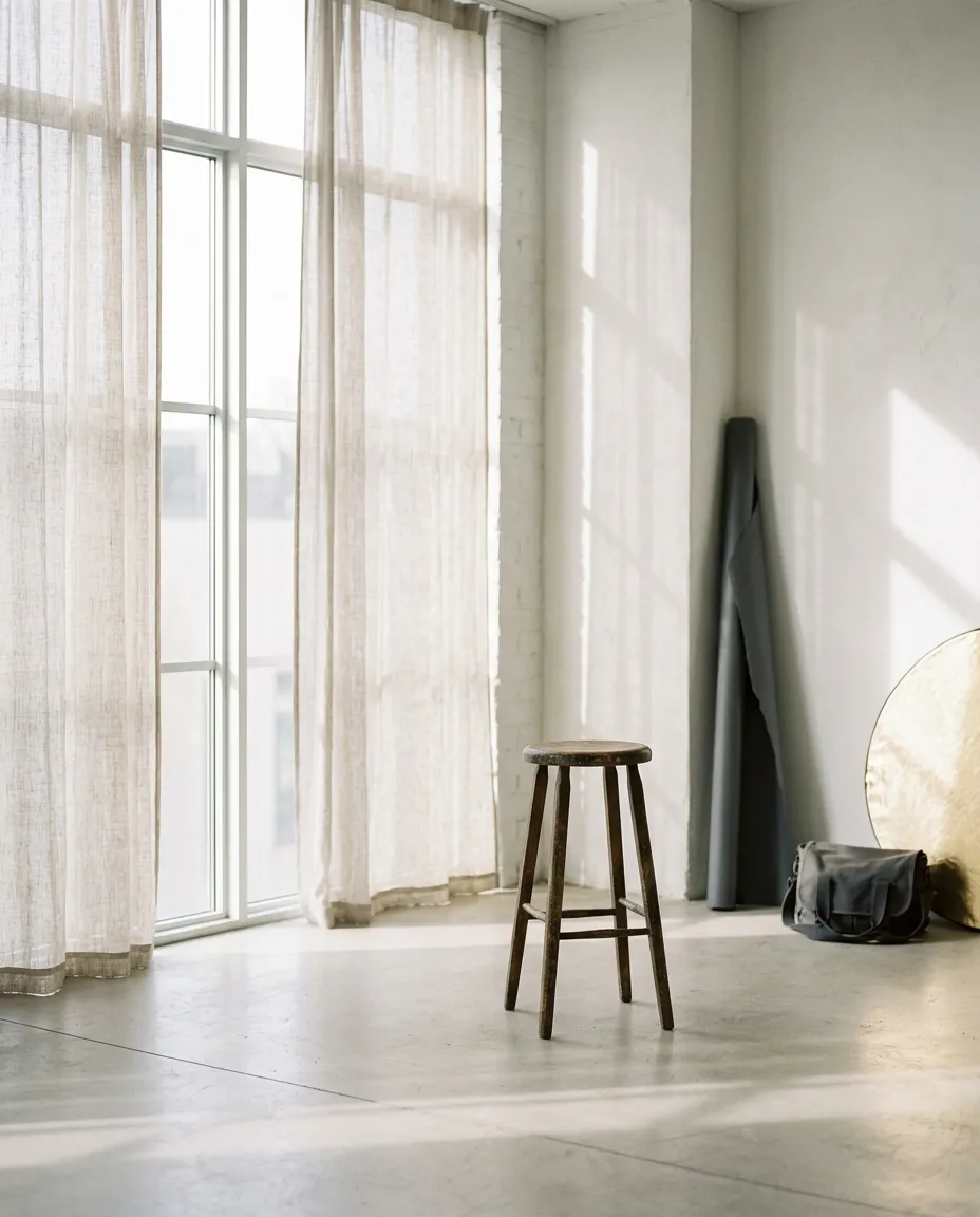 Floor to ceiling north-facing natural light shooting bay with sheer linen diffusion
