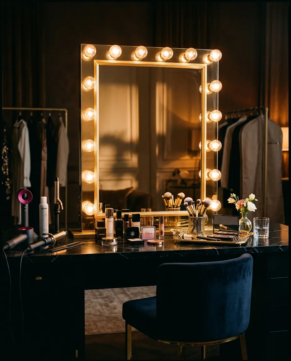 Dual lighted makeup vanity station with professional Hollywood mirrors and salon hydraulic chairs