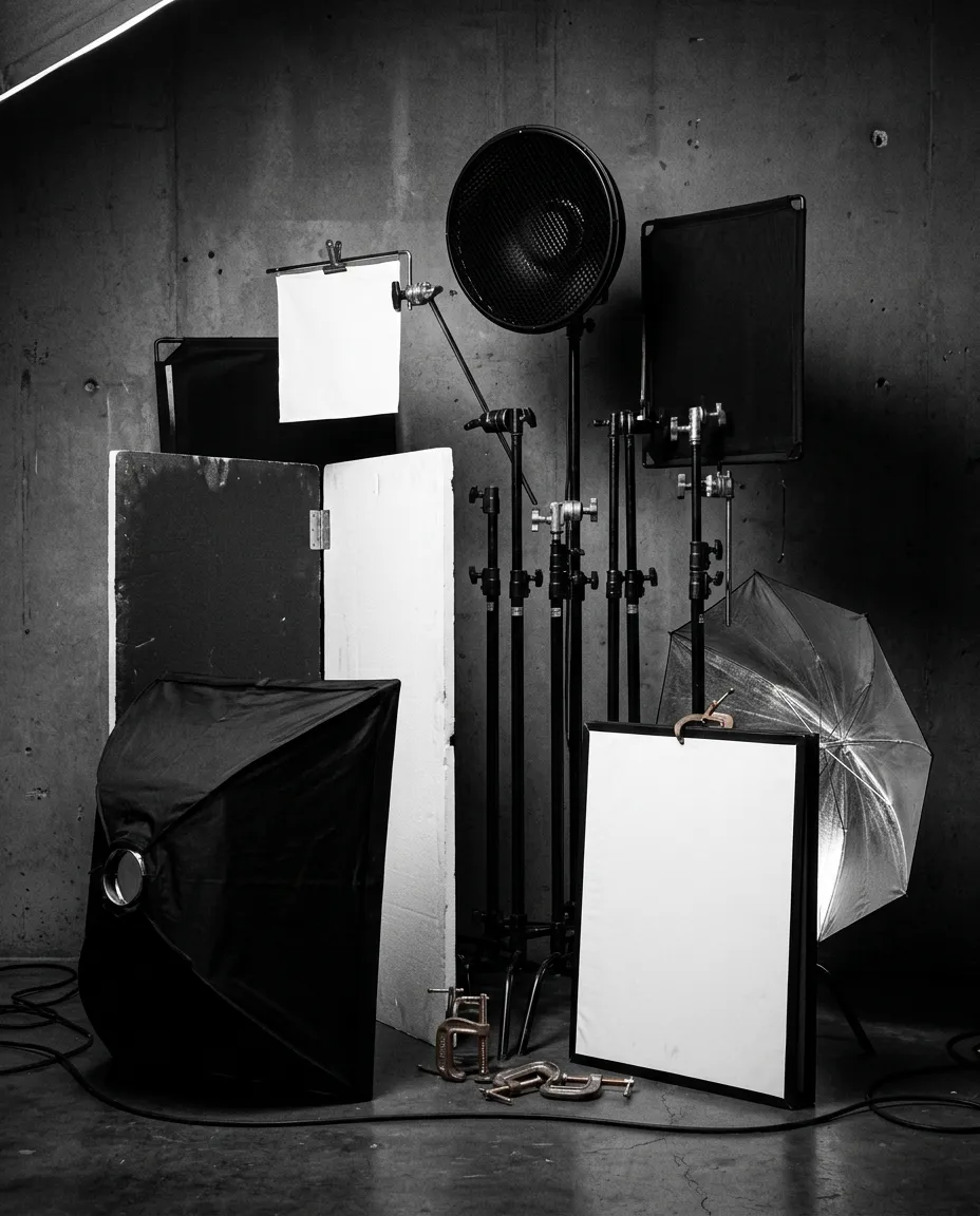 Set of black and white 8-foot foam core V-flats and light shaping modifiers