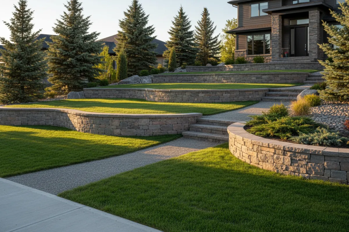 Suburban Edmonton front yard with layered stone retaining walls, emerald lawn, native spruce and gravel path at golden hour.
