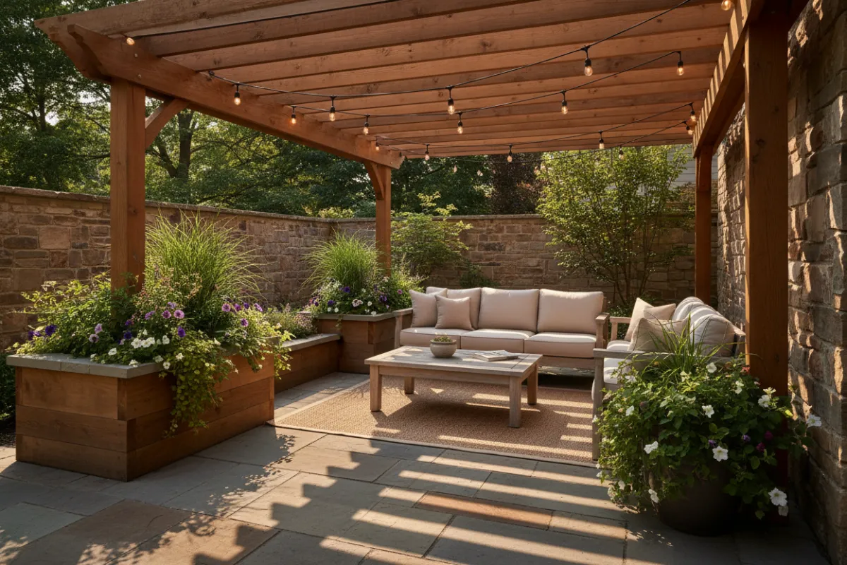 Cozy backyard patio with cedar pergola, natural stone pavers, planter boxes and ambient string lighting.