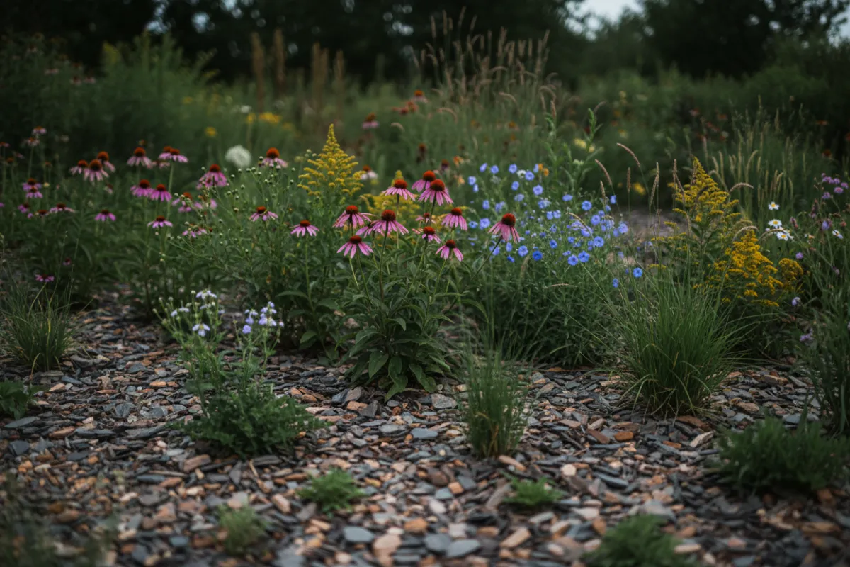 Native perennial planting bed with textured rock mulch, wildflowers and grasses in soft focus.