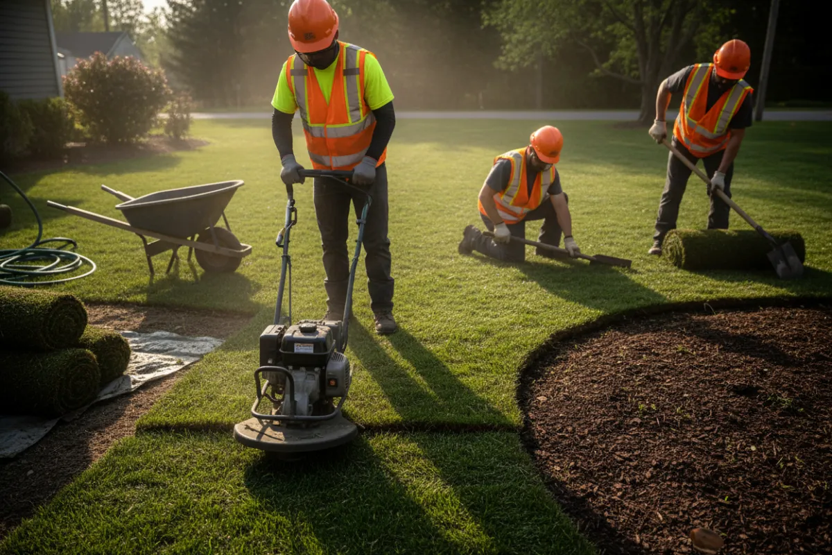 Installation crew laying new sod and edging a residential lawn, highlighting clean edges and tidy jobsite.
