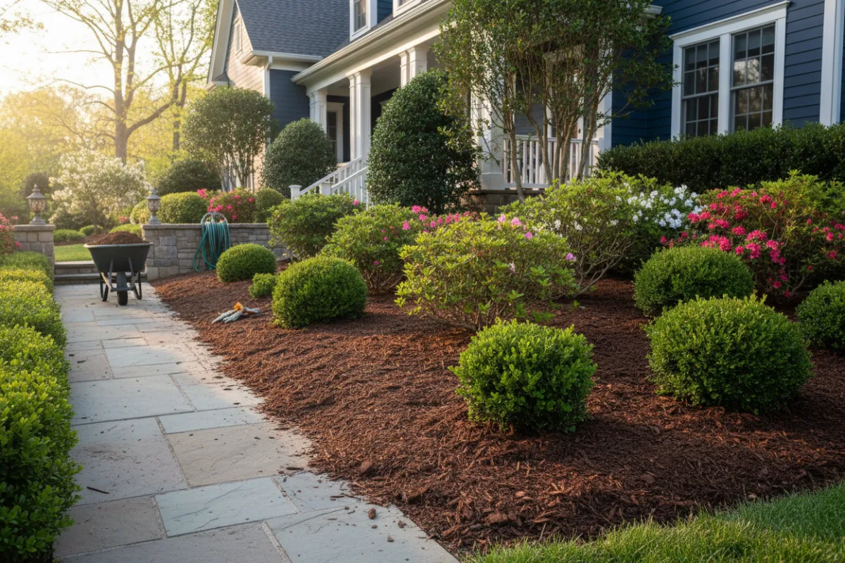 Seasonal clean-up and mulching with neat beds, fresh mulch, pruned shrubs and tidy sidewalk.