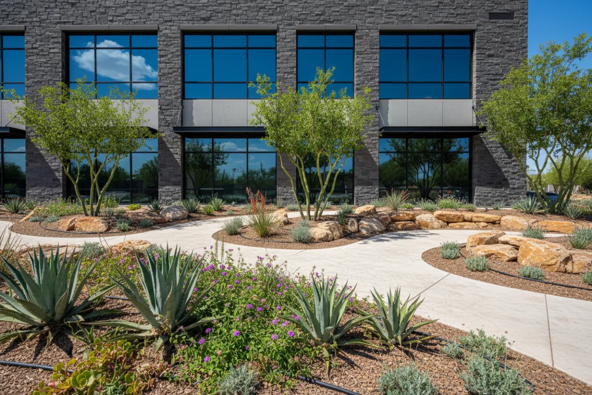 Commercial property frontage with drought-tolerant plantings, layered rock beds and drip irrigation lines.
