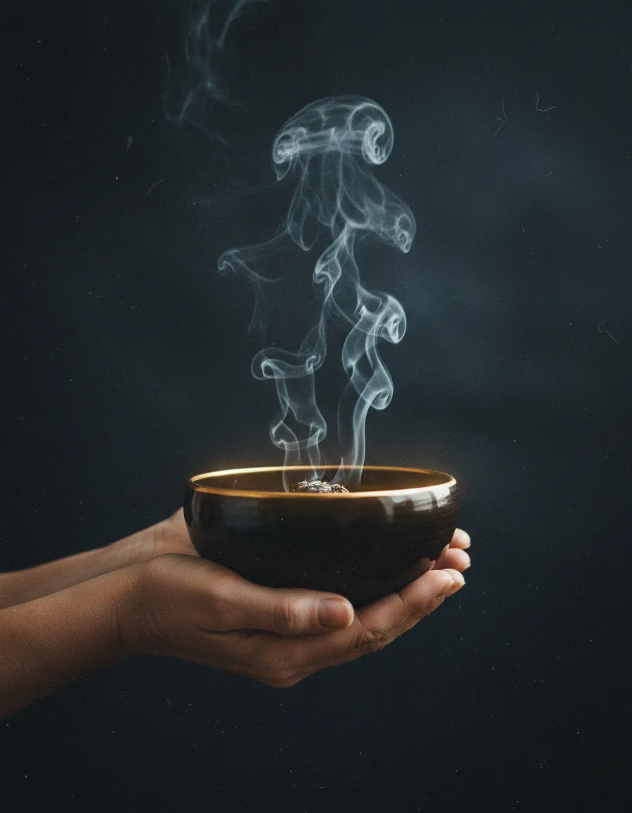 Desaturated, high-contrast photography of hands holding a smudging bowl