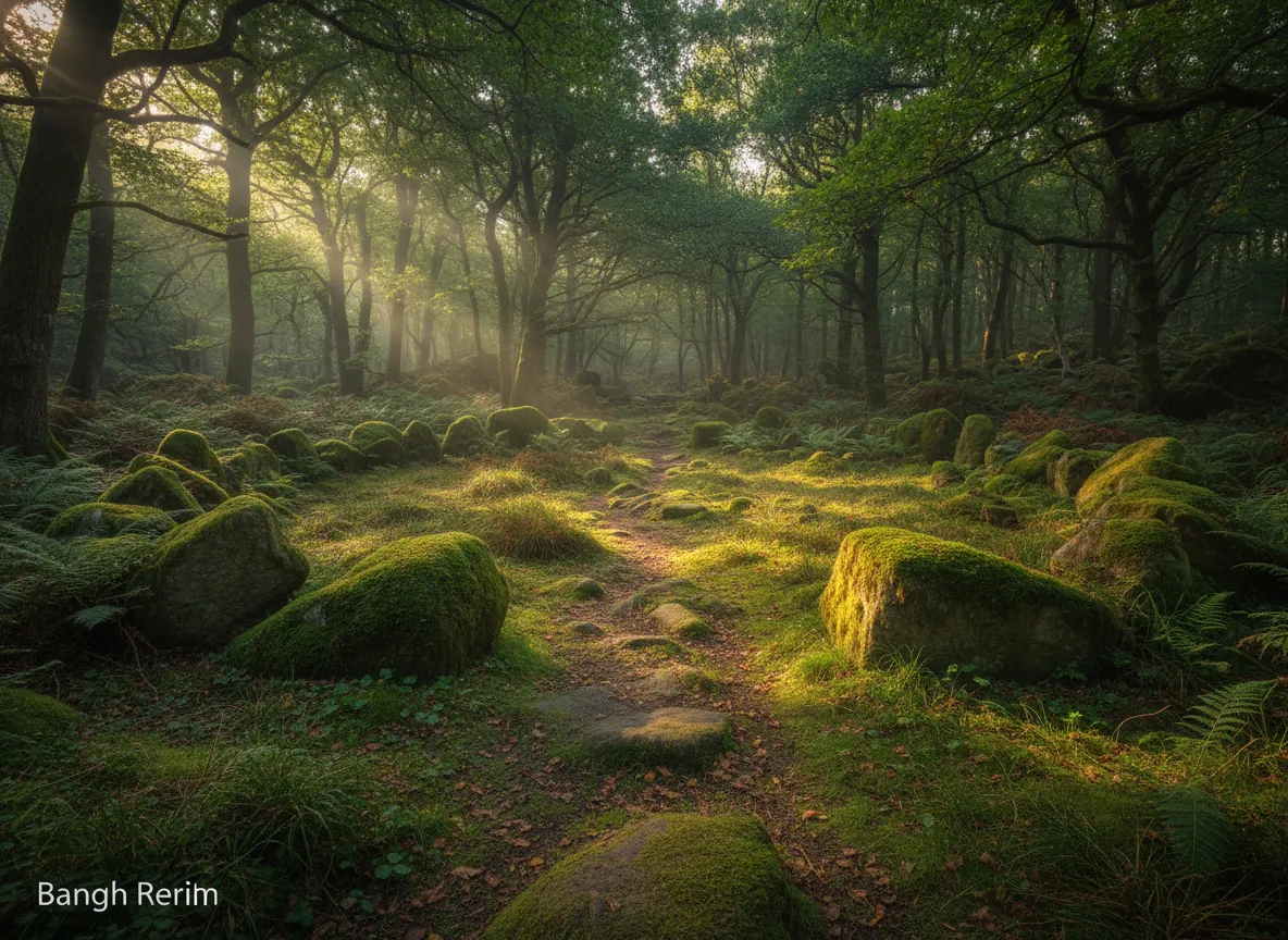 Soft light in an ancient forest, symbolizing spiritual path and nature connection.