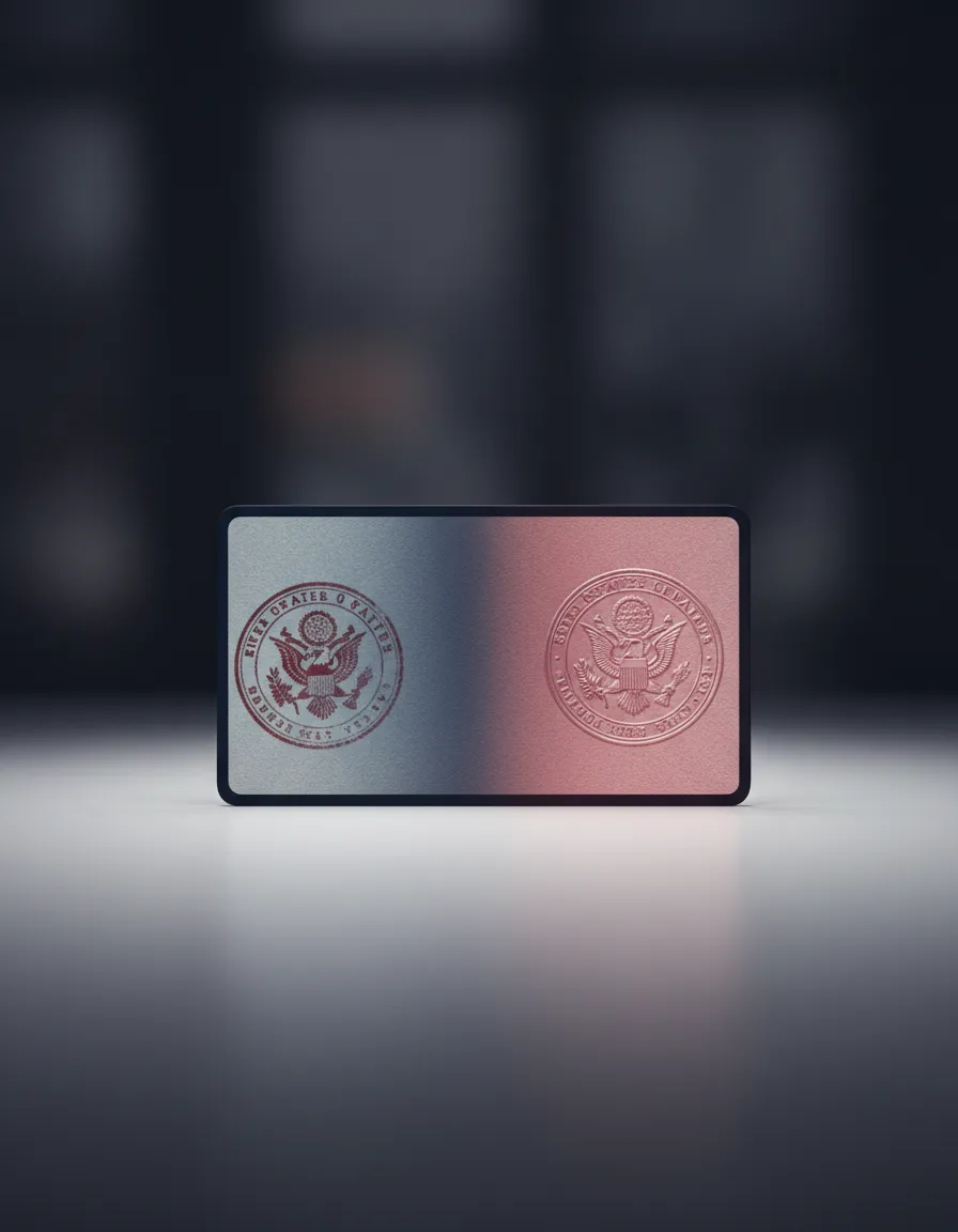 A high-trust sleek graphic showing a rejected visa stamp turning into an approved stamp with US flag background