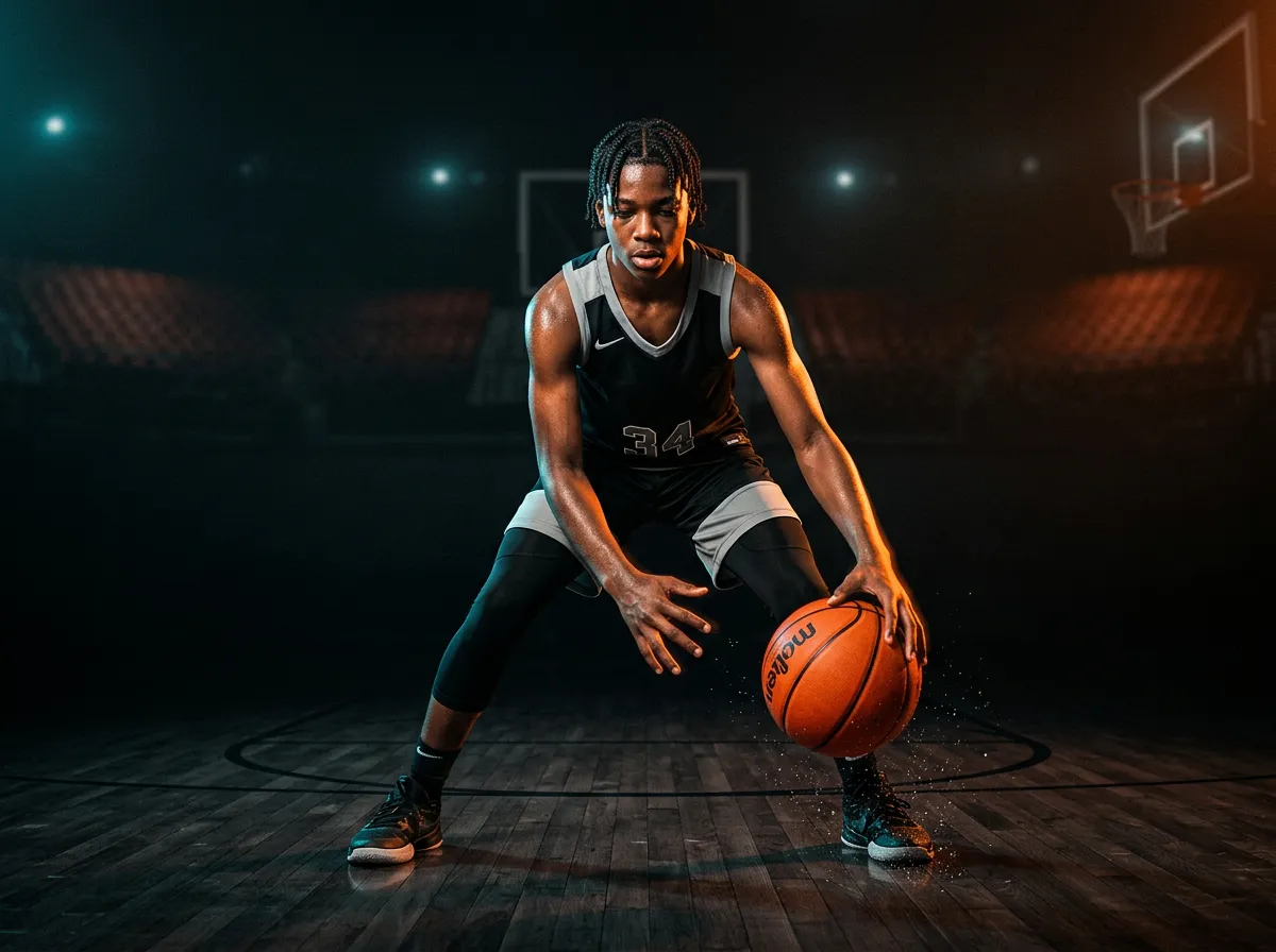 Vibrant high-contrast action shot of focused player executing controlled ball-handling drill under intense athletic lighting