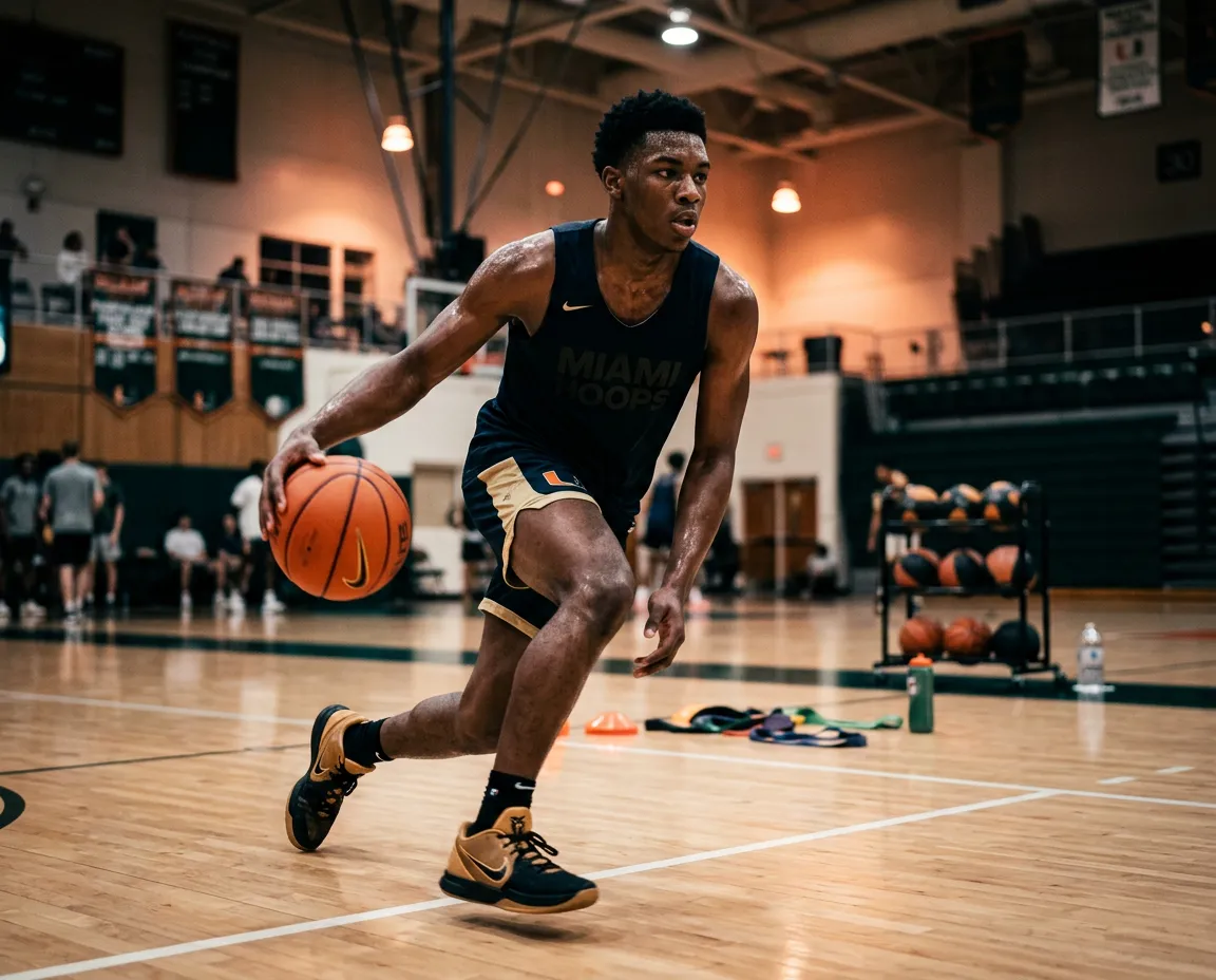 Intensive Miami basketball training court session with pro players and conditioning equipment
