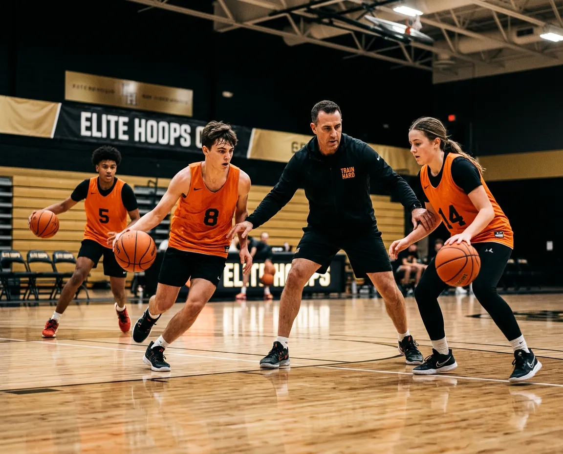 Elite basketball trainer guiding high-speed skill development dribbling and shooting drills