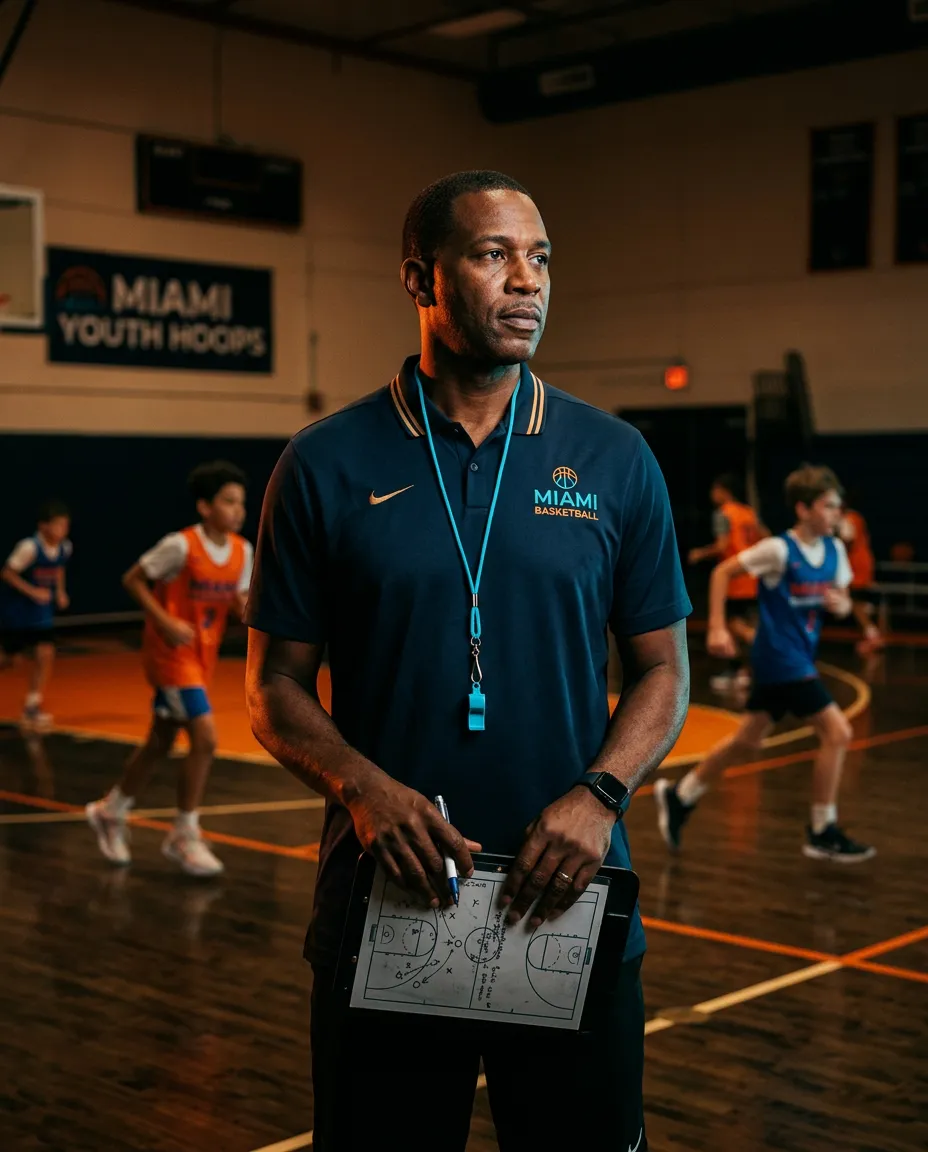 Coach Marcus Holliday analyzing court drills and youth basketball player mechanics in Miami