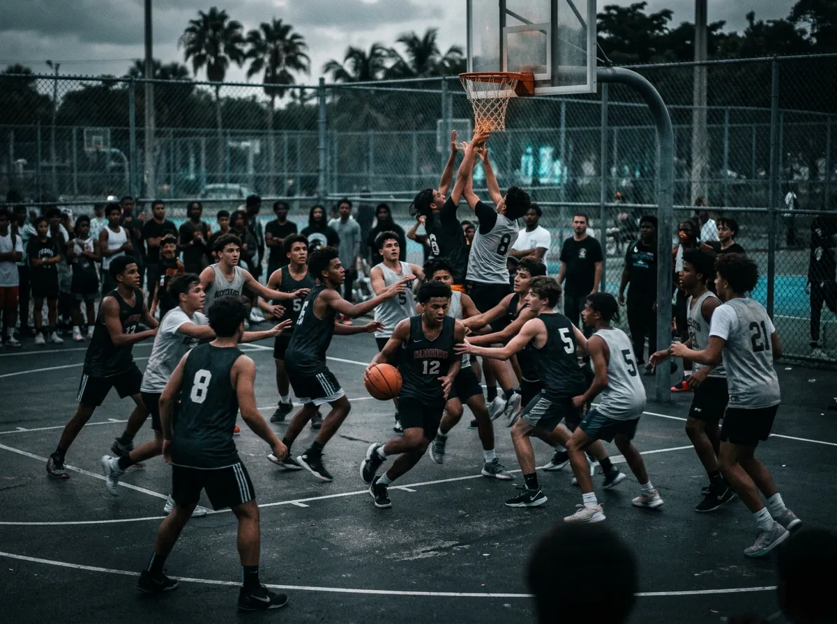Desaturated perspective of congested, chaotic youth basketball scrimmage without dedicated coaching direction