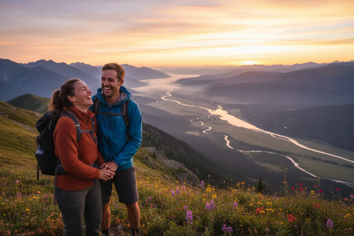 Woman and man laughing together on a sunrise hike, overlooking a scenic valley, 3:2 aspect ratio, vibrant colors, sense of freedom and joy