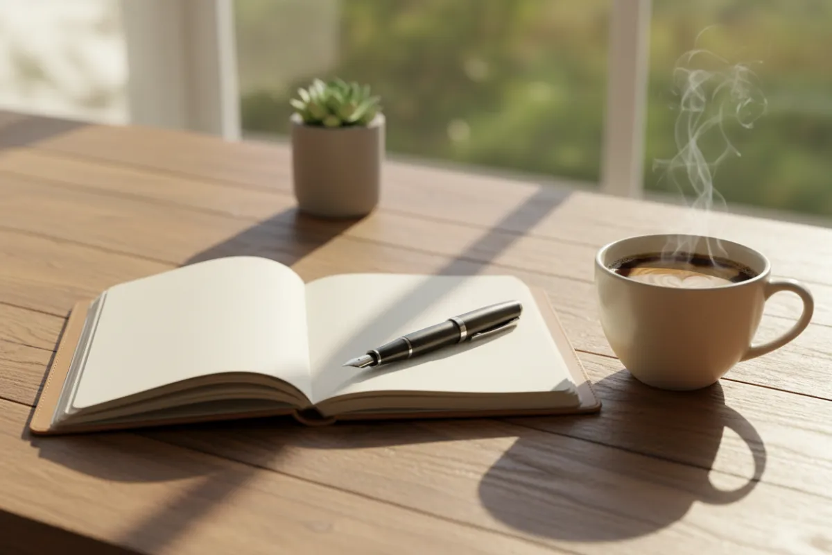 A notebook, pen, and a cup of coffee rest on a wooden desk, symbolizing planning and new beginnings. The workspace is bathed in soft daylight, creating an inviting, calm atmosphere. The composition is 3:2, emphasizing clarity and readiness for transformation.