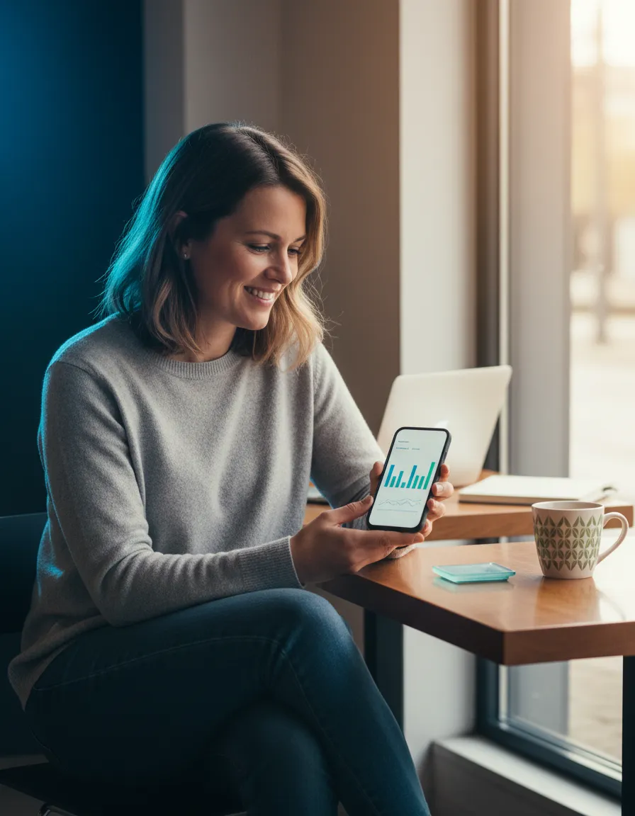 Relaxed business founder reviewing clean financials on a smartphone