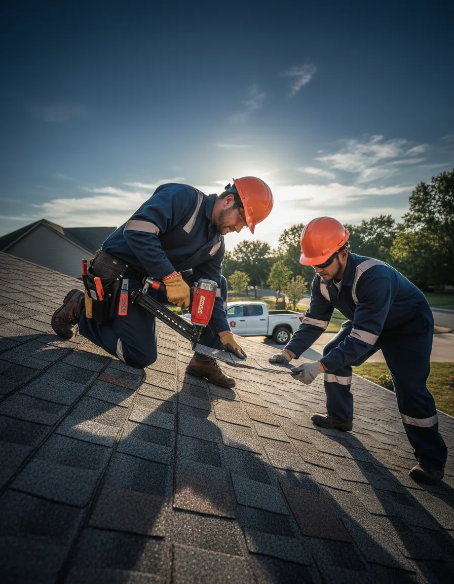 Team completing a roof repair securely