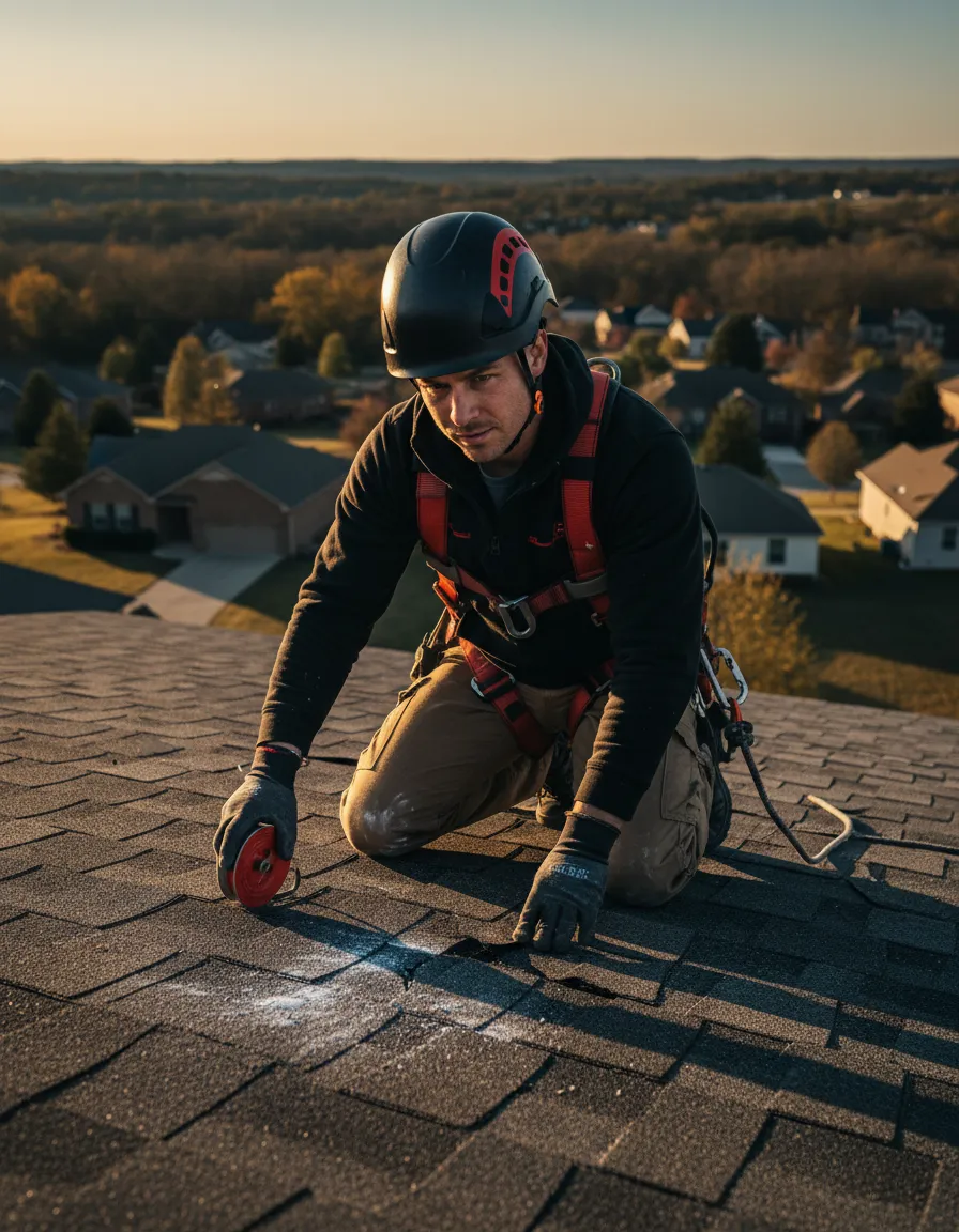 Roof repair specialist inspecting damage in Rutherford County