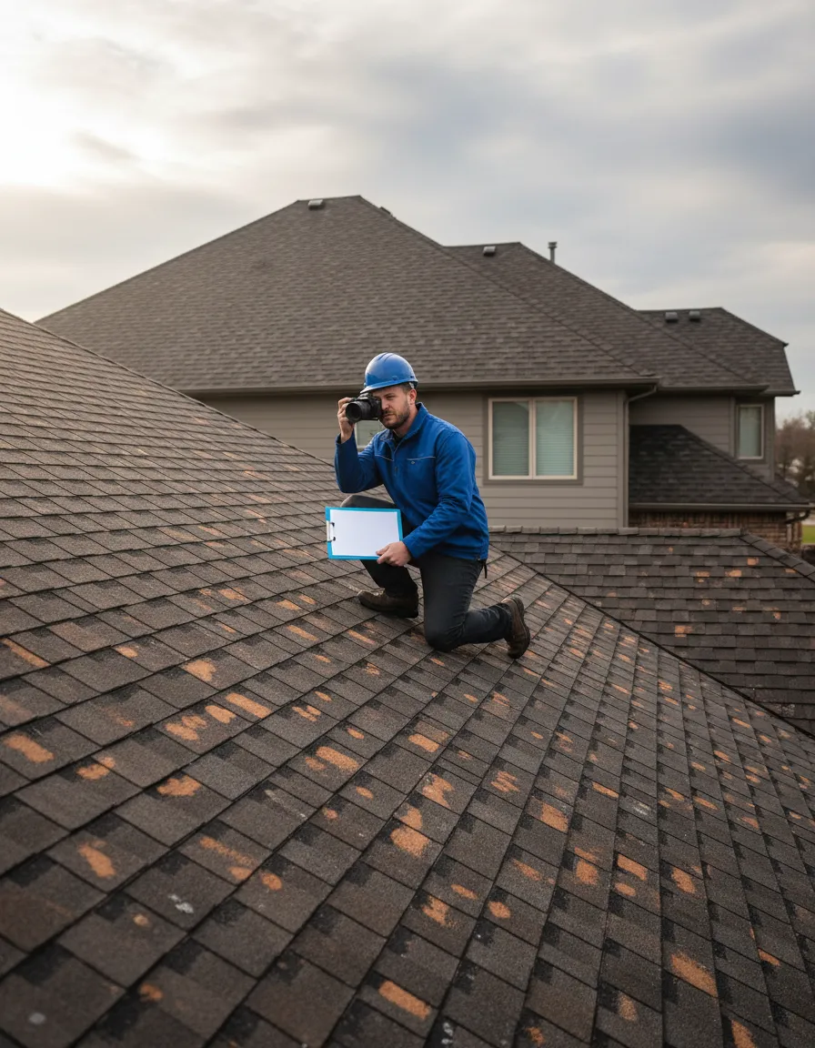Roof inspector examining storm damage and preparing an insurance claim report