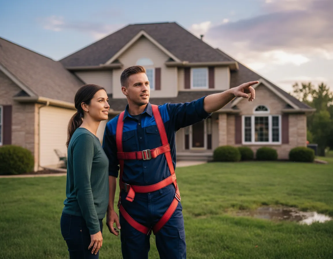 Roofing professional inspecting storm damage with a homeowner
