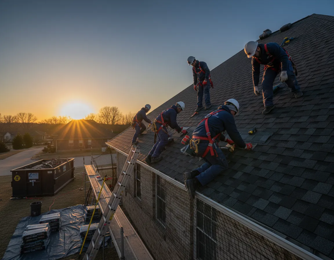 Crew working safely on a residential roof in Tennessee