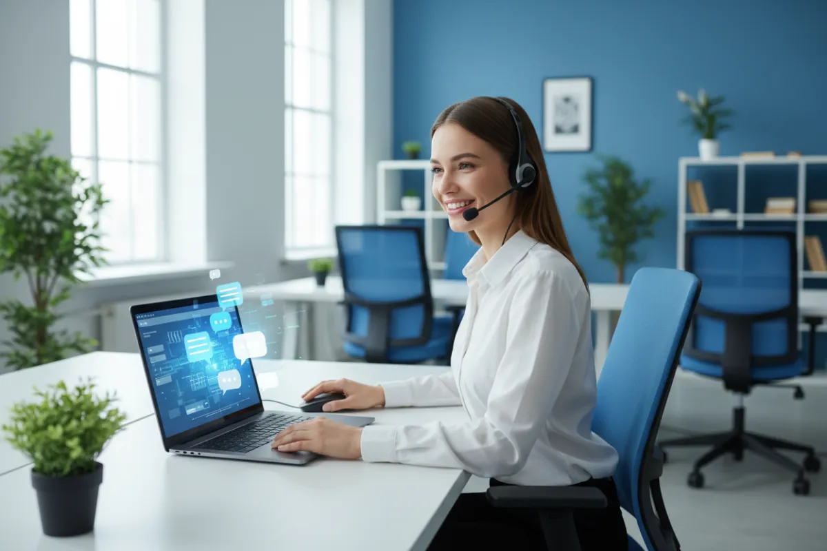 A realistic photo of a friendly support agent at a modern desk, wearing a headset and smiling, with digital chat bubbles and a laptop visible. The office is bright, with blue accents and a welcoming atmosphere, conveying approachability and readiness to assist.