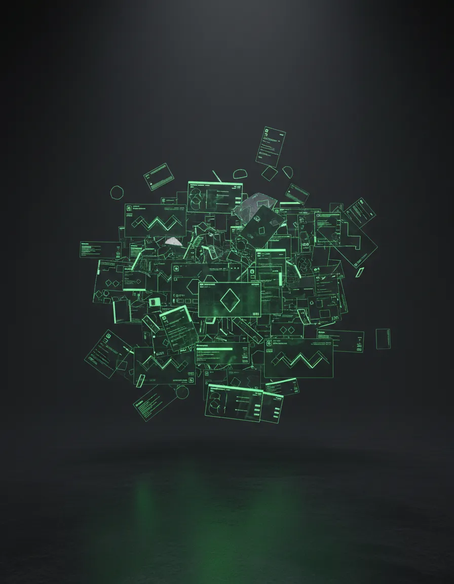 A chaotic collage of abstract floating UI fragments that feel unorganized and stressful.