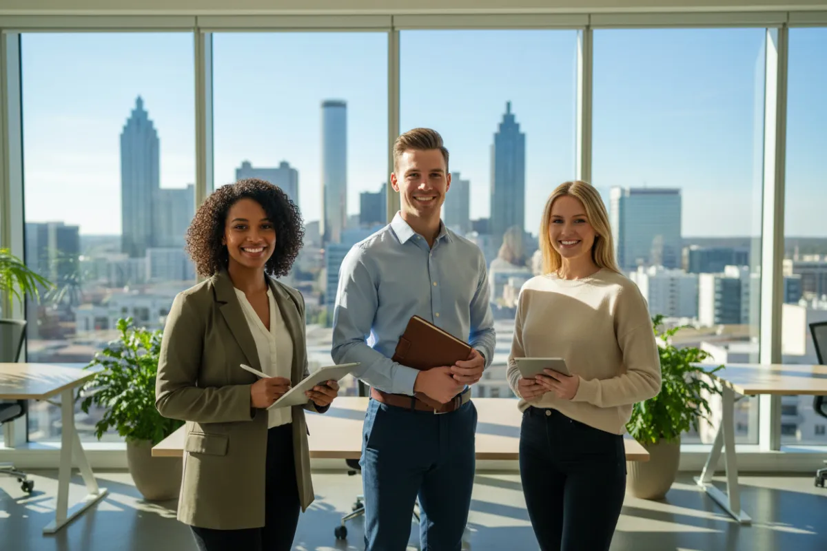 A diverse group of young professionals in a modern office, Georgia cityscape in background, symbolizing ambition and readiness for a new insurance career.