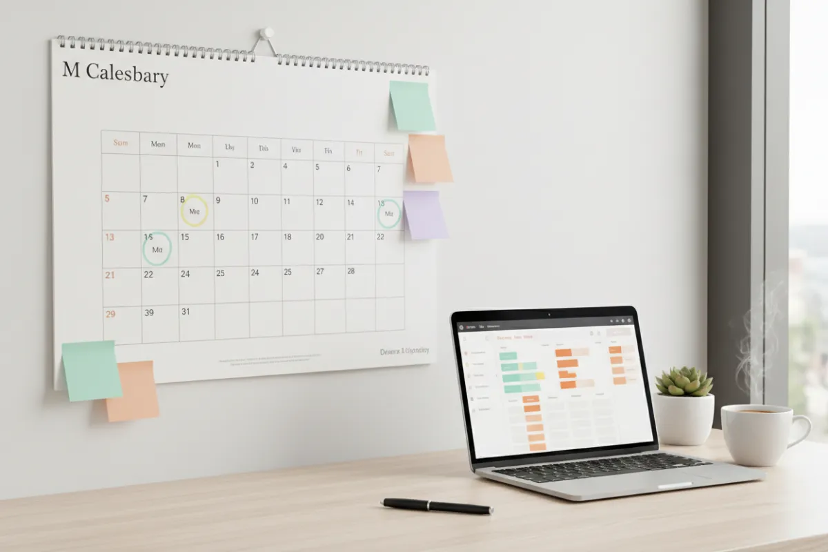 A modern wall calendar with highlighted dates and sticky notes, a laptop open to a scheduling app, and a cup of coffee on a bright workspace. The scene conveys organization and readiness for upcoming insurance classes, emphasizing planning and time management.