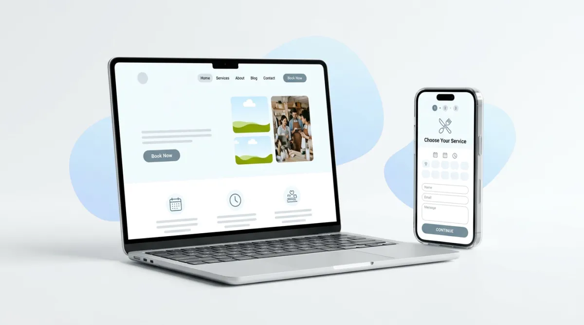 Laptop and phone mockup showing a modern website and lead-capture funnel interface with soft blue gradient accents