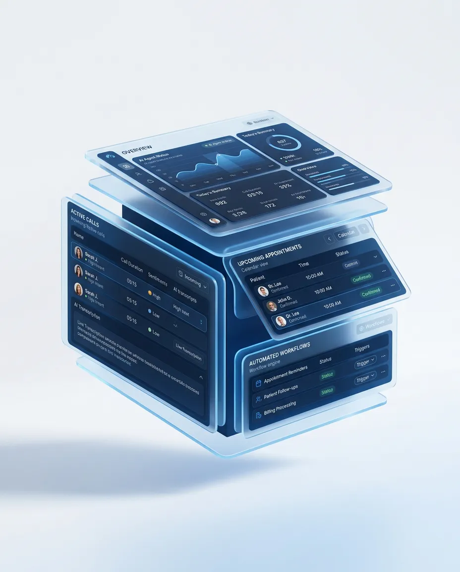 Floating modern AI front office interface dashboard showing automated call and appointment workflows